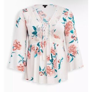 Torrid Top Womens 1X White Floral Gauze Crochet Laceup Peasant Boho NEW